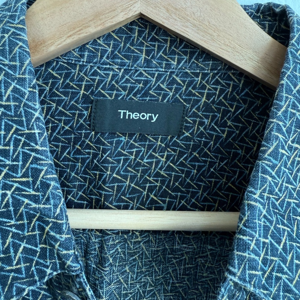 Theory Navy and Gold Geometric Linen Shirt - Sz. M